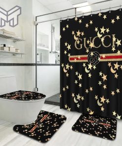 Gucci Fashion Logo Limited Luxury Brand Bathroom Set Home Decor 05 Shower Curtain And Rug Toilet Seat Lid Covers Bathroom Set