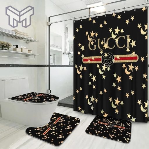 Gucci Fashion Logo Limited Luxury Brand Bathroom Set Home Decor 05 Shower Curtain And Rug Toilet Seat Lid Covers Bathroom Set