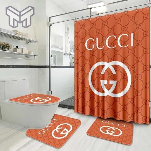 Gucci Fashion Logo Limited Luxury Brand Bathroom Set Home Decor 06 Shower Curtain And Rug Toilet Seat Lid Covers Bathroom Set