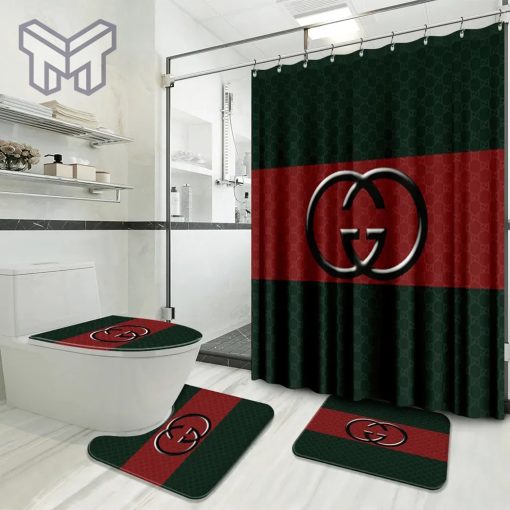 Gucci Fashion Logo Limited Luxury Brand Bathroom Set Home Decor 09 Shower Curtain And Rug Toilet Seat Lid Covers Bathroom Set