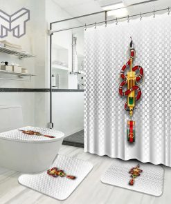 Gucci Fashion Logo Limited Luxury Brand Bathroom Set Home Decor 10 Shower Curtain And Rug Toilet Seat Lid Covers Bathroom Set