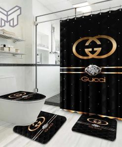 Gucci Fashion Logo Limited Luxury Brand Bathroom Set Home Decor 17 Shower Curtain And Rug Toilet Seat Lid Covers Bathroom Set