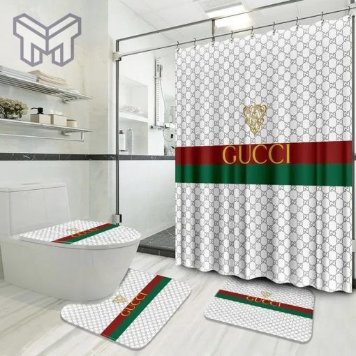 Gucci Fashion Logo Limited Luxury Brand Bathroom Set Home Decor 18 Shower Curtain And Rug Toilet Seat Lid Covers Bathroom Set