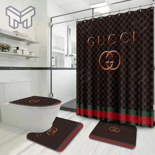 Gucci Fashion Logo Limited Luxury Brand Bathroom Set Home Decor 20 Shower Curtain And Rug Toilet Seat Lid Covers Bathroom Set