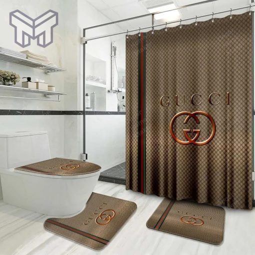 Gucci Fashion Logo Limited Luxury Brand Bathroom Set Home Decor 21 Shower Curtain And Rug Toilet Seat Lid Covers Bathroom Set