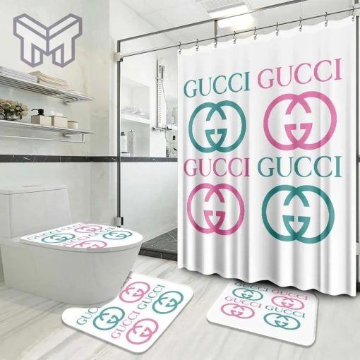 Gucci Fashion Logo Limited Luxury Brand Bathroom Set Home Decor 24 Shower Curtain And Rug Toilet Seat Lid Covers Bathroom Set