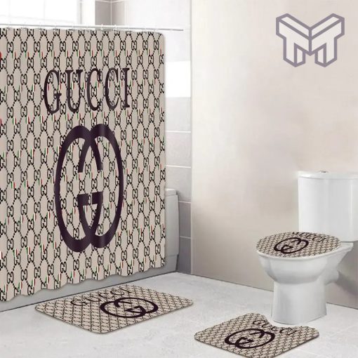 Gucci Fashion Logo Limited Luxury Brand Bathroom Set Home Decor 31 Shower Curtain And Rug Toilet Seat Lid Covers Bathroom Set