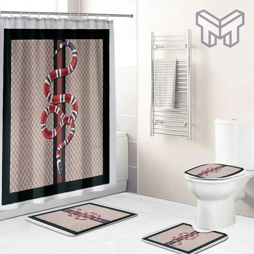 Gucci Fashion Logo Limited Luxury Brand Bathroom Set Home Decor 42 Shower Curtain And Rug Toilet Seat Lid Covers Bathroom Set