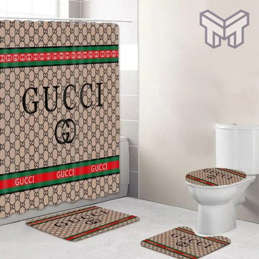 Gucci Fashion Logo Limited Luxury Brand Bathroom Set Home Decor 45 Shower Curtain And Rug Toilet Seat Lid Covers Bathroom Set