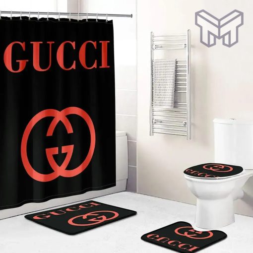 Gucci Fashion Logo Limited Luxury Brand Bathroom Set Home Decor 51 Shower Curtain And Rug Toilet Seat Lid Covers Bathroom Set