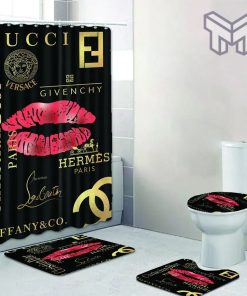 Gucci Fashion Logo Limited Luxury Brand Bathroom Set Home Decor 55 Shower Curtain And Rug Toilet Seat Lid Covers Bathroom Set