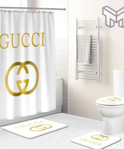 Gucci Golden Logo Premium Fashion Luxury Brand Bathroom Set Home Decor Shower Curtain And Rug Toilet Seat Lid Covers Bathroom Set