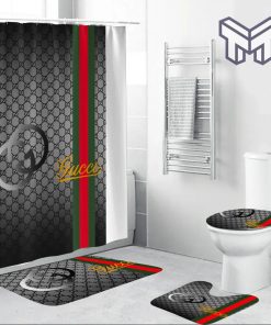 Gucci Grey Fashion Luxury Brand Premium Bathroom Set Home Decor Shower Curtain And Rug Toilet Seat Lid Covers Bathroom Set