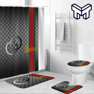 Gucci Grey Fashion Luxury Brand Premium Bathroom Set Home Decor Shower Curtain And Rug Toilet Seat Lid Covers Bathroom Set