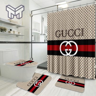 Gucci Hot Luxury Brand Logo Premium Bathroom Set Home Decor Shower Curtain And Rug Toilet Seat Lid Covers Bathroom Set