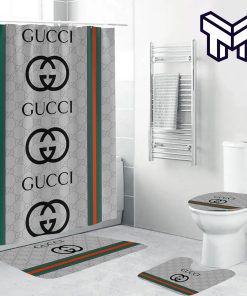 Gucci Logo Fashion Luxury Brand Premium Bathroom Set Home Decor Shower Curtain And Rug Toilet Seat Lid Covers Bathroom Set