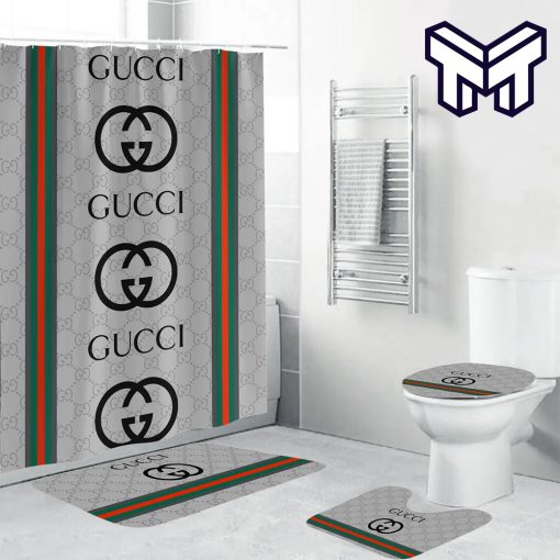 Gucci Logo Fashion Luxury Brand Premium Bathroom Set Home Decor Shower Curtain And Rug Toilet Seat Lid Covers Bathroom Set