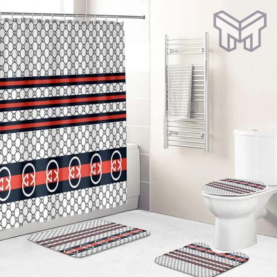 Gucci Logo New Premium Fashion Luxury Brand Bathroom Set Home Decor Shower Curtain And Rug Toilet Seat Lid Covers Bathroom Set