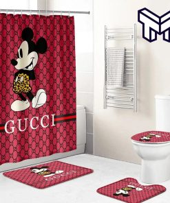 Gucci Mickey Red Fashion Luxury Brand Premium Bathroom Set Home Decor Shower Curtain And Rug Toilet Seat Lid Covers Bathroom Set