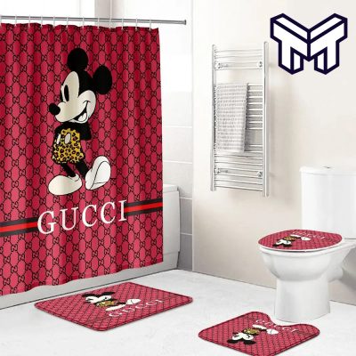 Gucci Mickey Red Fashion Luxury Brand Premium Bathroom Set Home Decor Shower Curtain And Rug Toilet Seat Lid Covers Bathroom Set