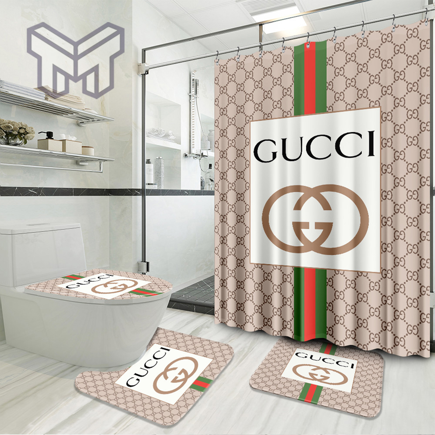 Gucci Vintage Logo In Signature Monogram Background Bathroom Set With  Shower Curtain