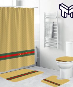 Gucci Yellow Fashion Luxury Brand Premium Bathroom Set Home Decor Shower Curtain And Rug Toilet Seat Lid Covers Bathroom Set