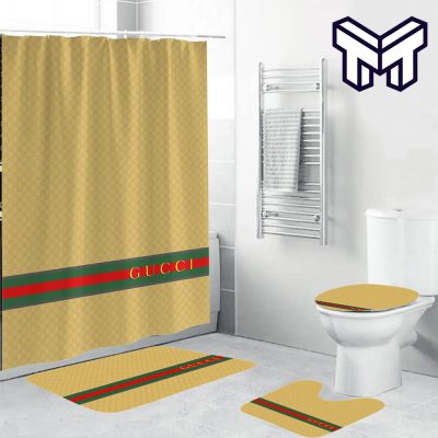 Gucci Yellow Fashion Luxury Brand Premium Bathroom Set Home Decor Shower Curtain And Rug Toilet Seat Lid Covers Bathroom Set