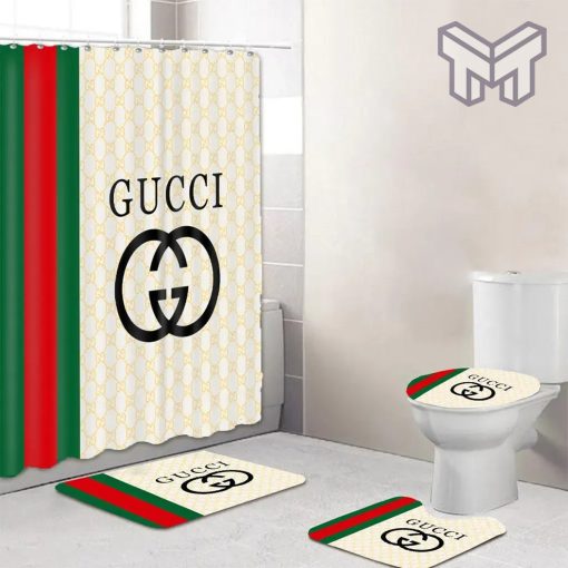 Gucci Yellow Premium Fashion Luxury Brand Bathroom Set Home Decor Shower Curtain And Rug Toilet Seat Lid Covers Bathroom Set