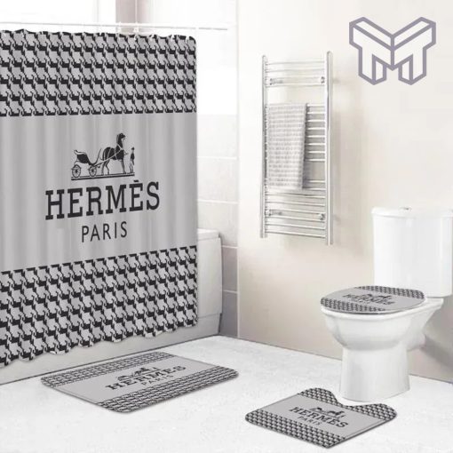 Hermes Fashion Logo Limited Luxury Brand Bathroom Set Home Decor 01 Shower Curtain And Rug Toilet Seat Lid Covers Bathroom Set