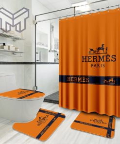 Hermes Orange Luxury Brand Preium Bathroom Set With Shower Curtain Shower Curtain And Rug Toilet Seat Lid Covers Bathroom Set