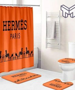 Hermes Paris Orange Fashion Logo Luxury Brand Premium Bathroom Set Home Decor Shower Curtain And Rug Toilet Seat Lid Covers Bathroom Set