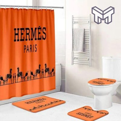 Hermes Paris Orange Fashion Logo Luxury Brand Premium Bathroom Set Home Decor Shower Curtain And Rug Toilet Seat Lid Covers Bathroom Set