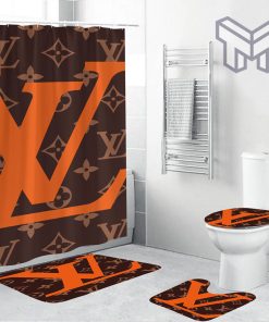 Louis Vuitton Big Orange Logo Bathroom Set With Shower Curtain Shower Curtain And Rug Toilet Seat Lid Covers Bathroom Set