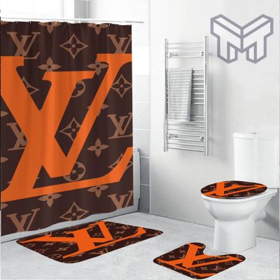 Louis Vuitton Big Orange Logo Bathroom Set With Shower Curtain Shower Curtain And Rug Toilet Seat Lid Covers Bathroom Set