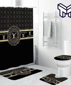 Louis Vuitton Black Fashion Luxury Brand Premium Bathroom Set Home Decor Shower Curtain And Rug Toilet Seat Lid Covers Bathroom Set