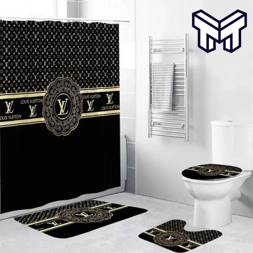 Louis Vuitton Black Fashion Luxury Brand Premium Bathroom Set Home Decor Shower Curtain And Rug Toilet Seat Lid Covers Bathroom Set