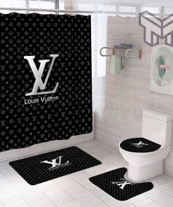 Louis Vuitton Black Fashion Luxury Brand Premium Bathroom Set Shower Curtain Bath Mat Set Home Decor Shower Curtain And Rug Toilet Seat Lid Covers Bathroom Set