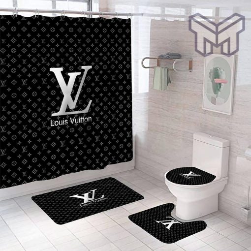 Louis Vuitton Black Fashion Luxury Brand Premium Bathroom Set Shower Curtain Bath Mat Set Home Decor Shower Curtain And Rug Toilet Seat Lid Covers Bathroom Set