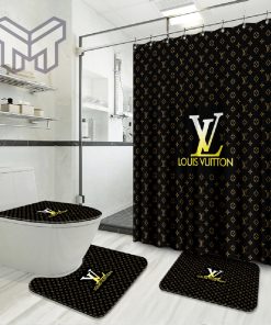 Louis Vuitton Black Golden Logo Bathroom Set Home Decor Shower Curtain And Rug Toilet Seat Lid Covers Bathroom Set