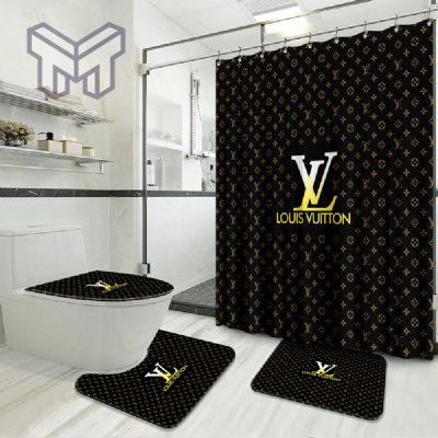 Louis Vuitton Black Golden Logo Bathroom Set Home Decor Shower Curtain And Rug Toilet Seat Lid Covers Bathroom Set