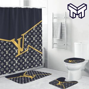 Louis Vuitton Black Yellow Logo Fashion Luxury Brand Premium Bathroom Set Home Decor Shower Curtain And Rug Toilet Seat Lid Covers Bathroom Set
