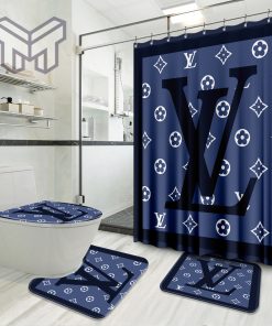 Louis Vuitton Blue Luxury Brand Premium Bathroom Set Home Decor Shower Curtain And Rug Toilet Seat Lid Covers Bathroom Set