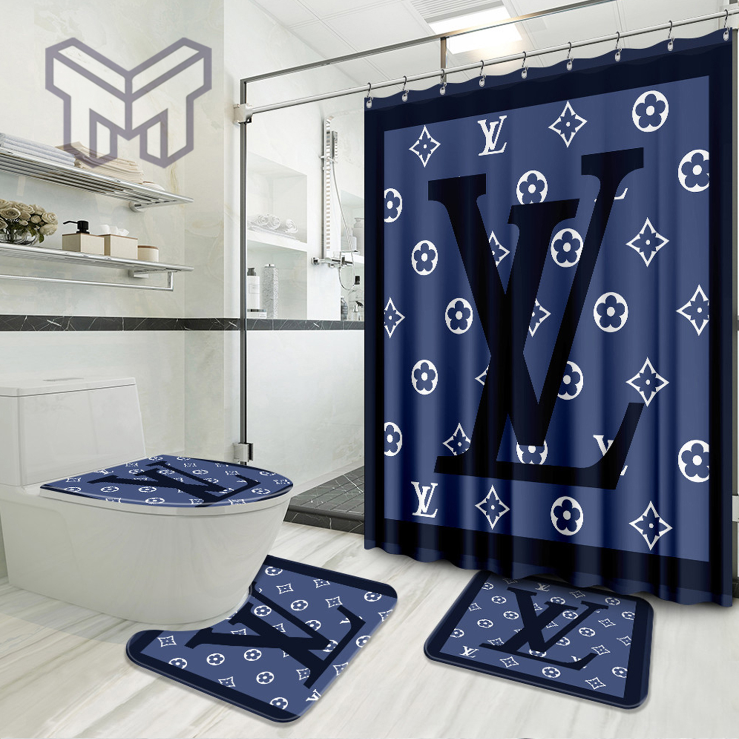 Louis Vuitton Blue Luxury Brand Premium Bathroom Set Home Decor Shower  Curtain And Rug Toilet Seat Lid Covers Bathroom Set - Muranotex Store