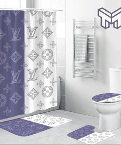 Louis Vuitton Blue White Fashion Luxury Brand Premium Bathroom Set Home Decor Shower Curtain And Rug Toilet Seat Lid Covers Bathroom Set