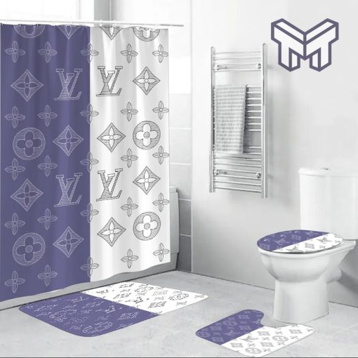 Louis Vuitton Blue White Fashion Luxury Brand Premium Bathroom Set Home Decor Shower Curtain And Rug Toilet Seat Lid Covers Bathroom Set