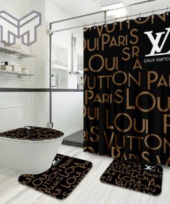 Louis Vuitton Brown Fashion Logo Luxury Brand Bathroom Set Home Decor Shower Curtain And Rug Toilet Seat Lid Covers Bathroom Set