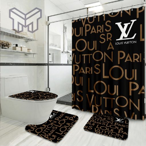 Louis Vuitton Brown Fashion Logo Luxury Brand Bathroom Set Home Decor Shower Curtain And Rug Toilet Seat Lid Covers Bathroom Set