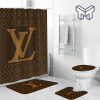 Louis Vuitton Brown Luxury Brand Fashion Premium Bathroom Set Home Decor Shower Curtain And Rug Toilet Seat Lid Covers Bathroom Set