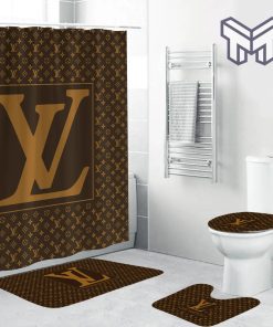 Louis Vuitton Brown Luxury Brand Fashion Premium Bathroom Set Home Decor Shower Curtain And Rug Toilet Seat Lid Covers Bathroom Set