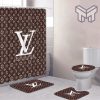 Louis Vuitton Brown Luxury Brand Logo Premium Bathroom Set Home Decor Shower Curtain And Rug Toilet Seat Lid Covers Bathroom Set